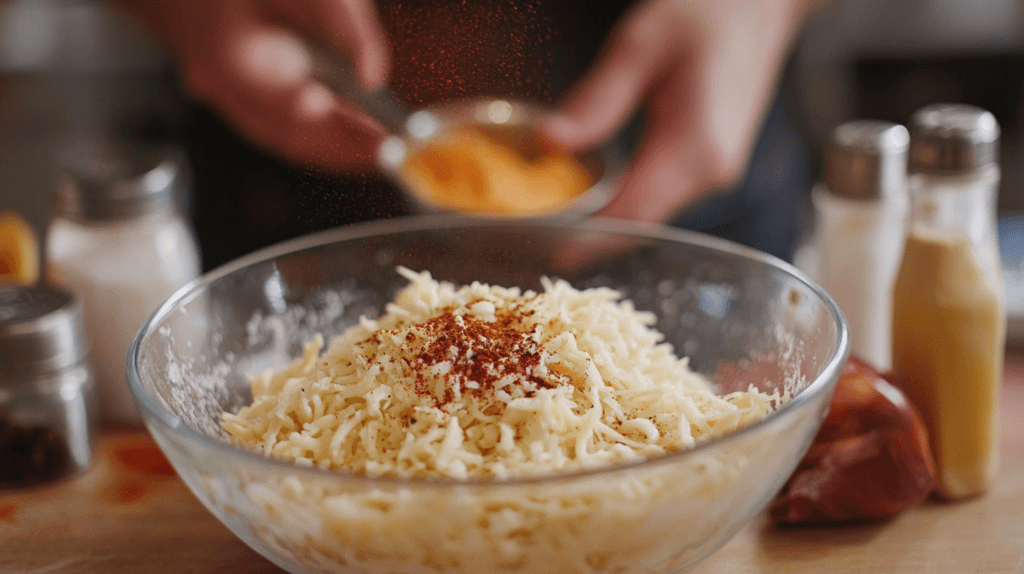  Mixing shredded potatoes with cheese and spices for hash browns.