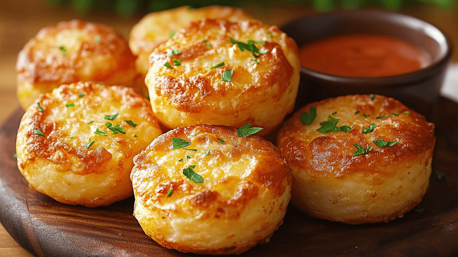 Golden and crispy Cheesy Mashed Potato Puffs served on a wooden plate.