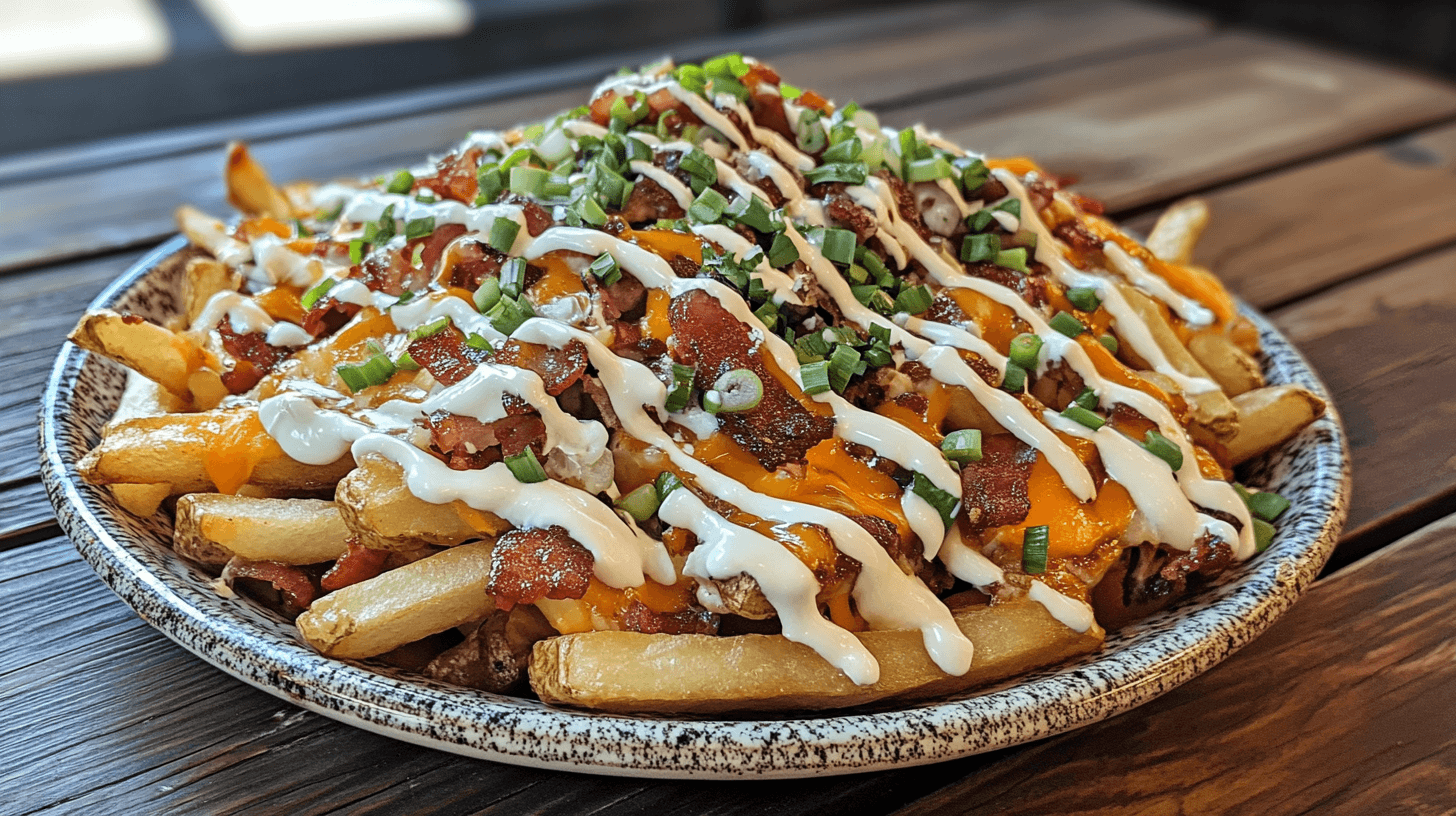 A plate of loaded fries with cheese, bacon, and sour cream.