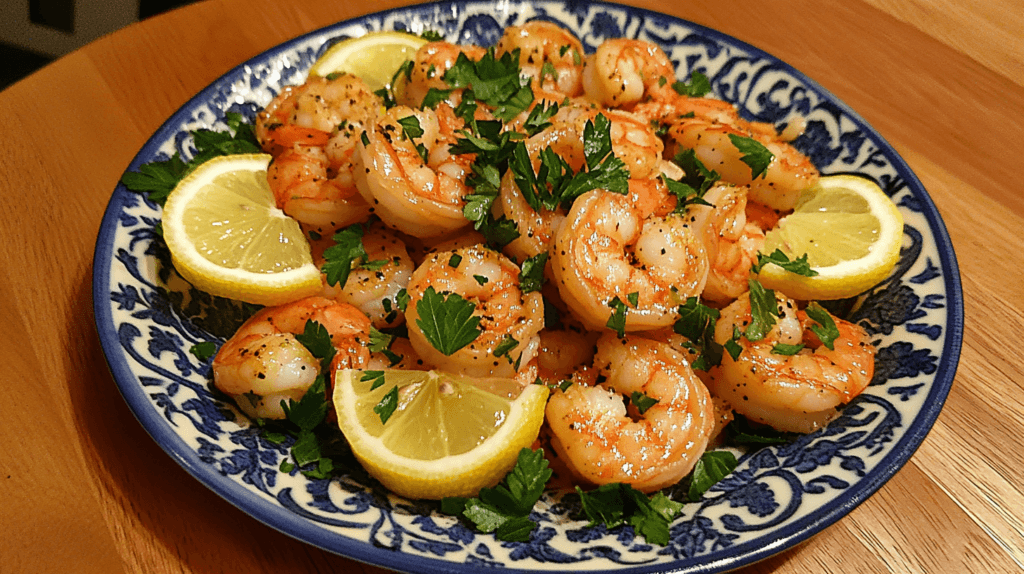 Lemon pepper shrimp with rice and asparagus