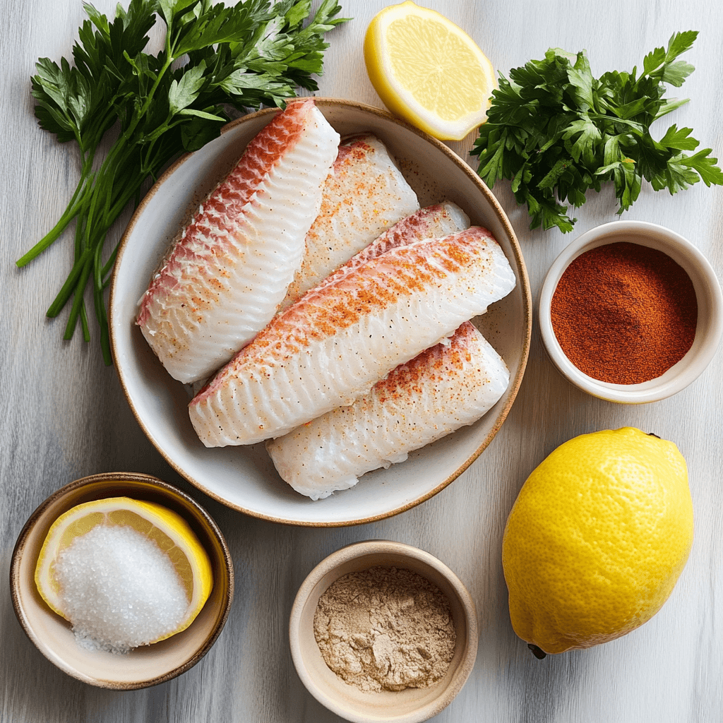 Ingredients for frying snapper, including flour, spices, and lemon.
Title: Ingredients for Crispy Fried Snapper