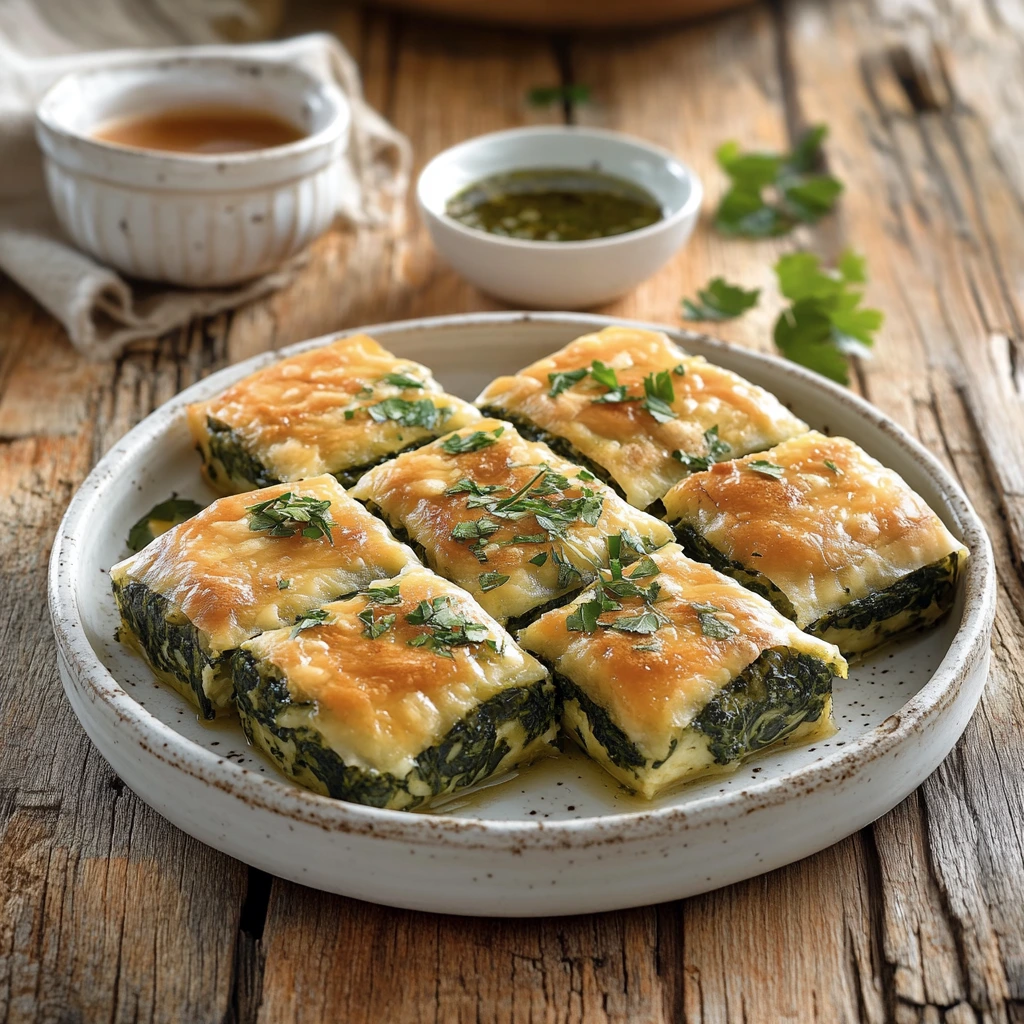 Golden-brown spinach squares garnished with fresh parsley, served on a white ceramic plate with a cozy kitchen background.