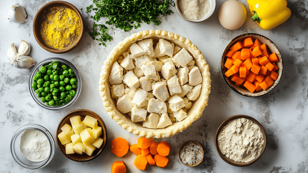 Ingredients for mini chicken pot pies arranged on a countertop.