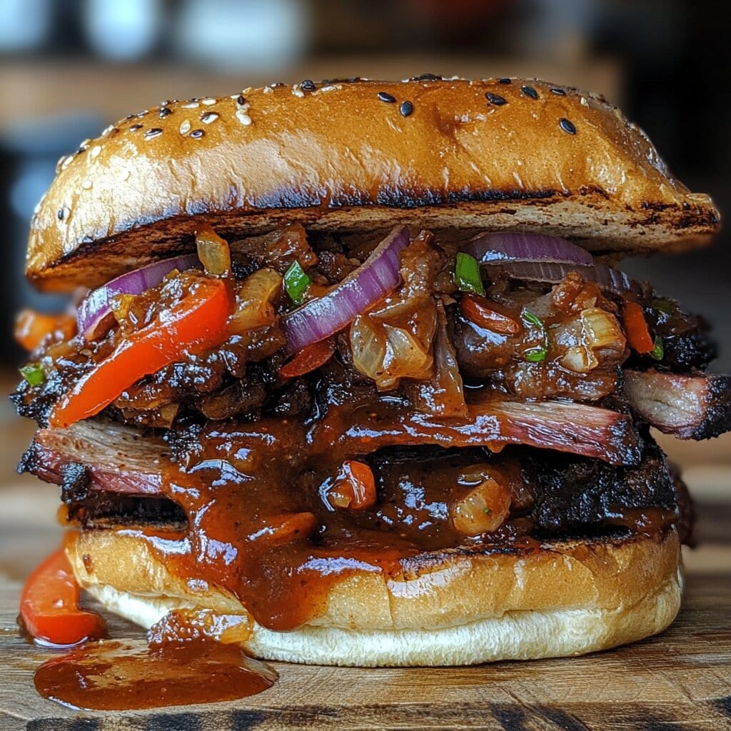 A perfectly assembled beef brisket sandwich with toasted bread, slow-cooked brisket, and BBQ sauce, served on a wooden board.