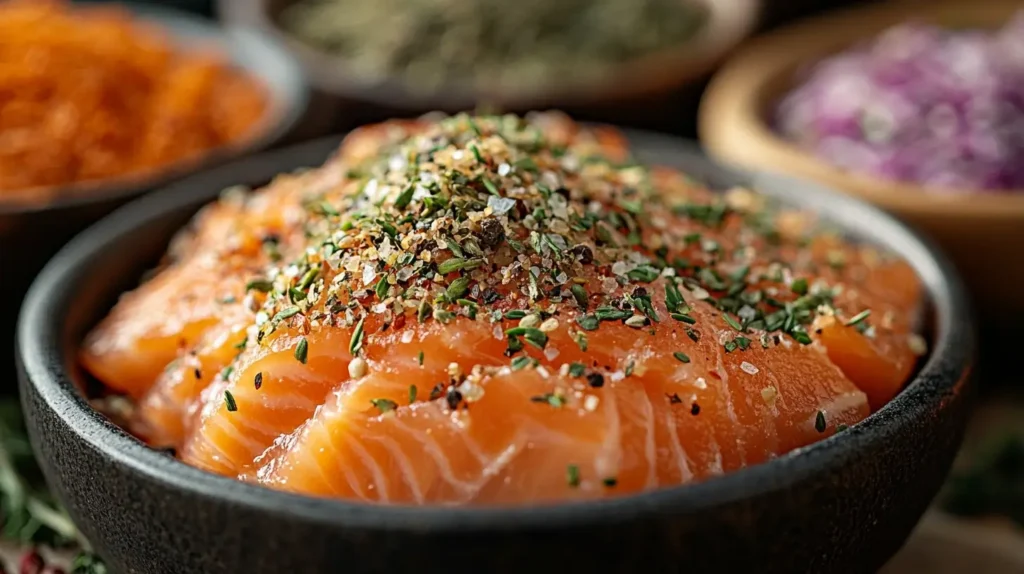 Fresh salmon seasoned with a flavorful blend of herbs and spices, ready for a gourmet culinary experience.