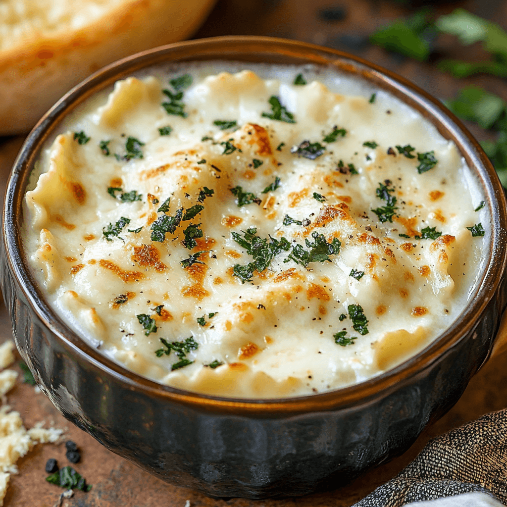  A beautifully served bowl of Alfredo lasagna soup with garlic bread