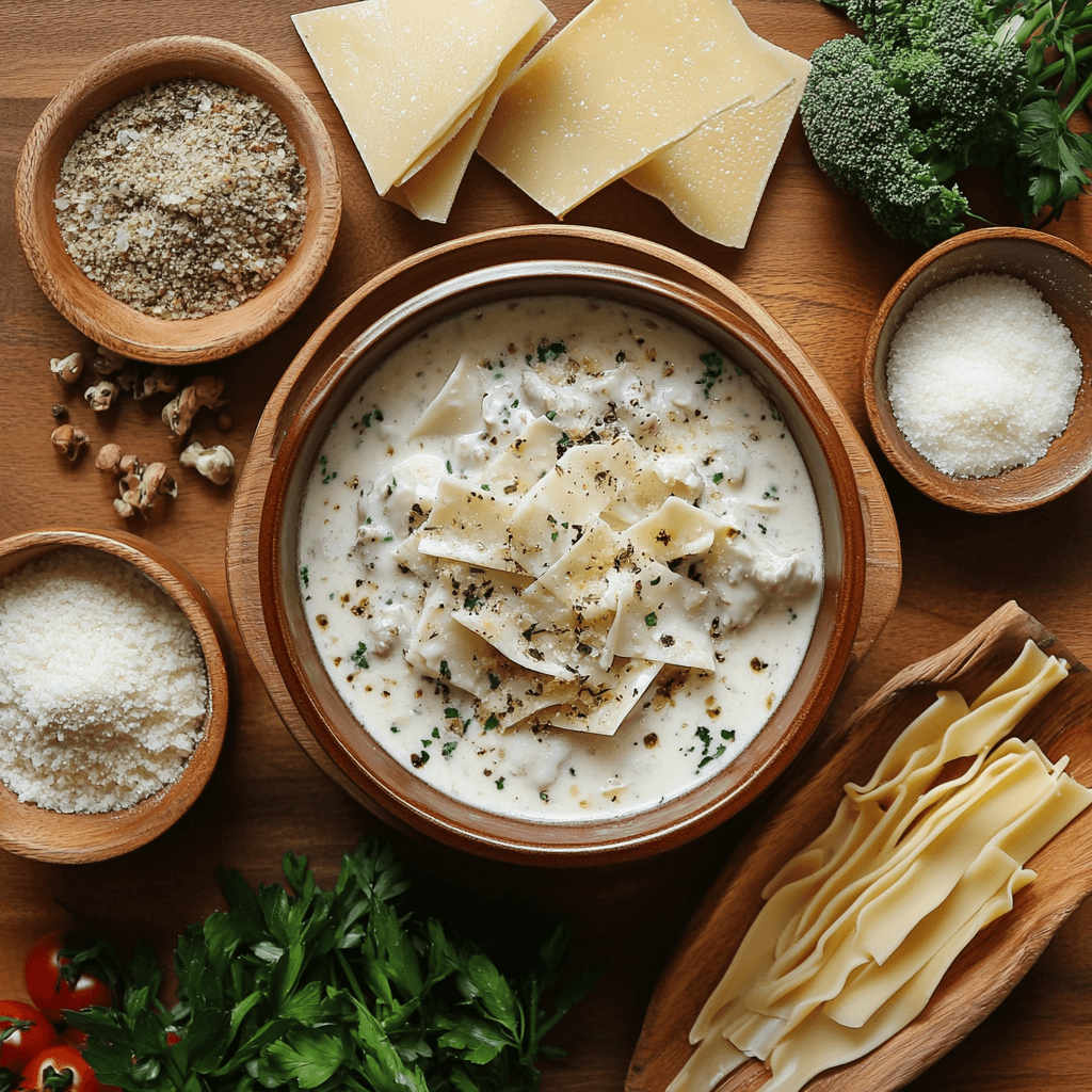 A pot of Alfredo lasagna soup cooking on the stove.