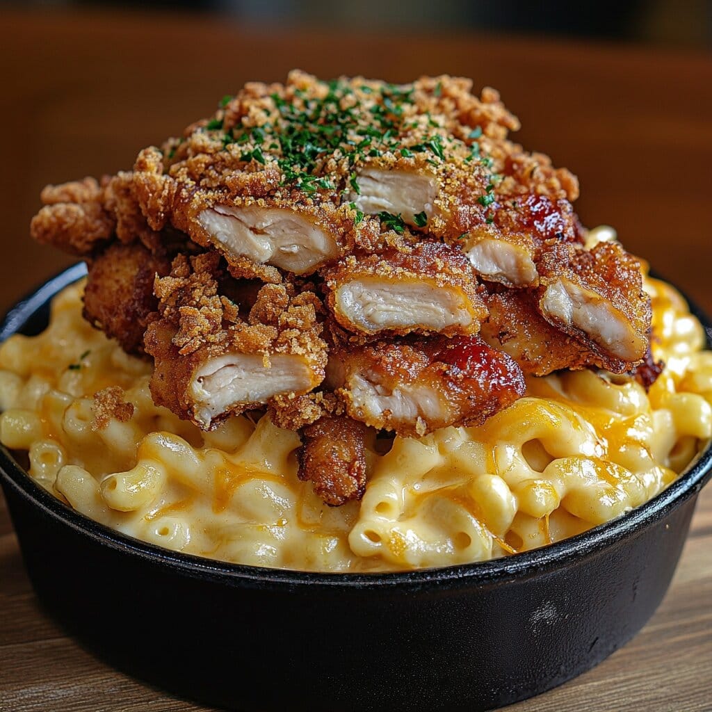 Sliced fried chicken served on mac and cheese with fresh parsley garnish.