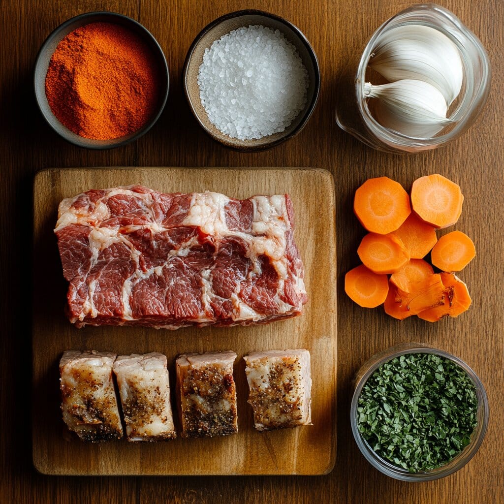 Ingredients of a beef brisket sandwich laid out, including brisket, bread, and sauces.
