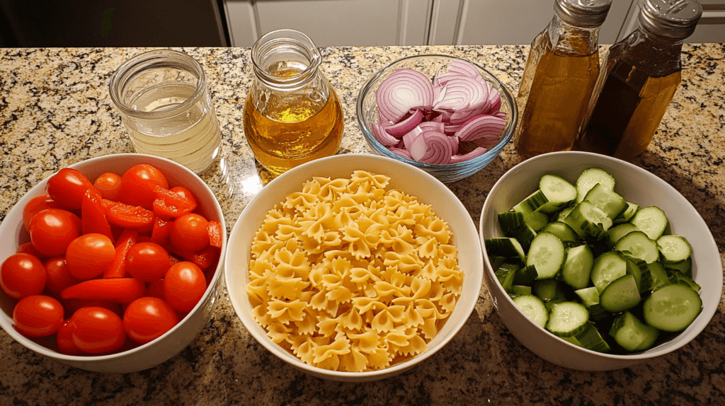 Ingredients for bowtie pasta salad arranged on a countertop.