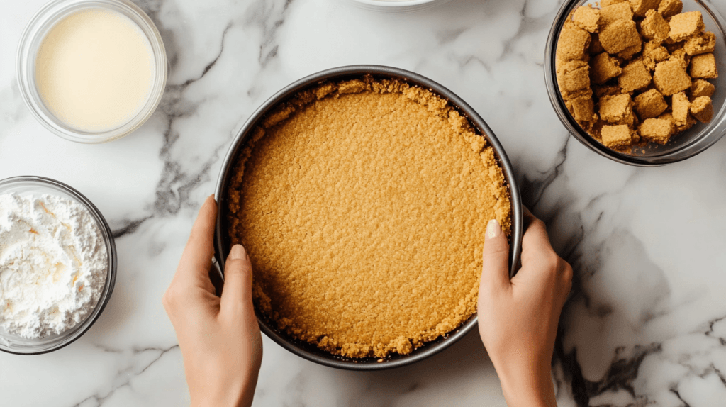 Hands pressing graham cracker crust into a springform pan