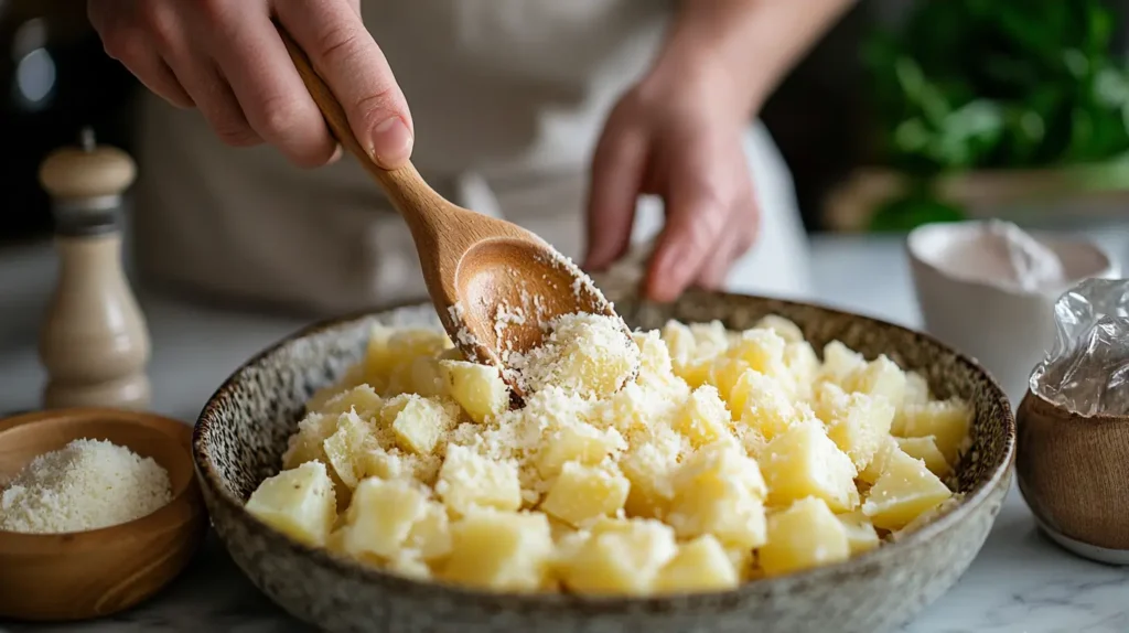Person sprinkling grated cheese over a bowl of diced boiled potatoes using a wooden spoon, with ingredients in the background.