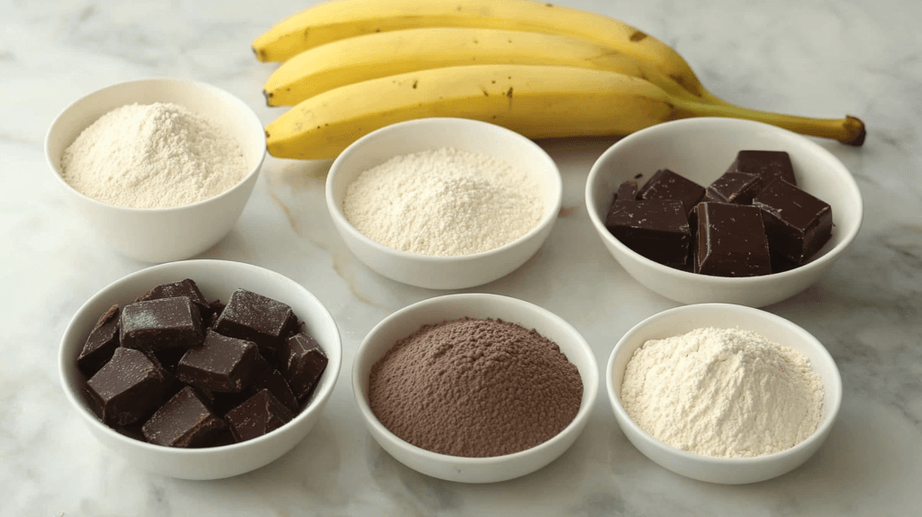 A flat lay of ingredients for making chocolate banana cake, including ripe bananas, flour, cocoa powder, sugar, eggs, butter, and chocolate chunks on a wooden countertop
