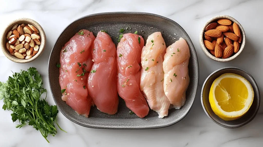 Fresh chicken fillets on a plate with almonds, parsley, and lemon on the side.