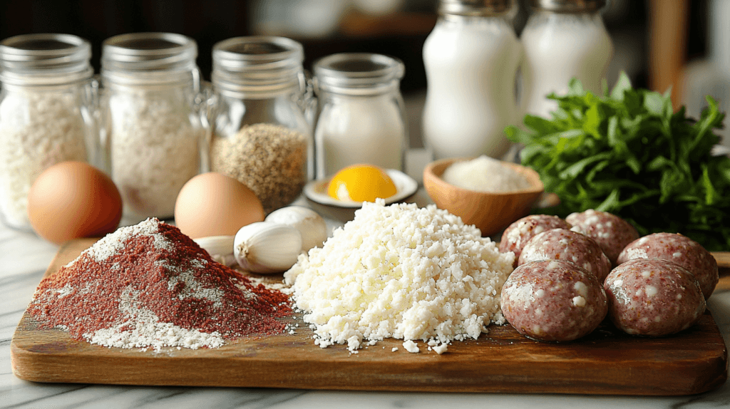 A wooden board with fresh ingredients including ground meat, ricotta cheese, garlic, eggs, spices, breadcrumbs, and fresh parsley, with jars of grains and milk in the background.