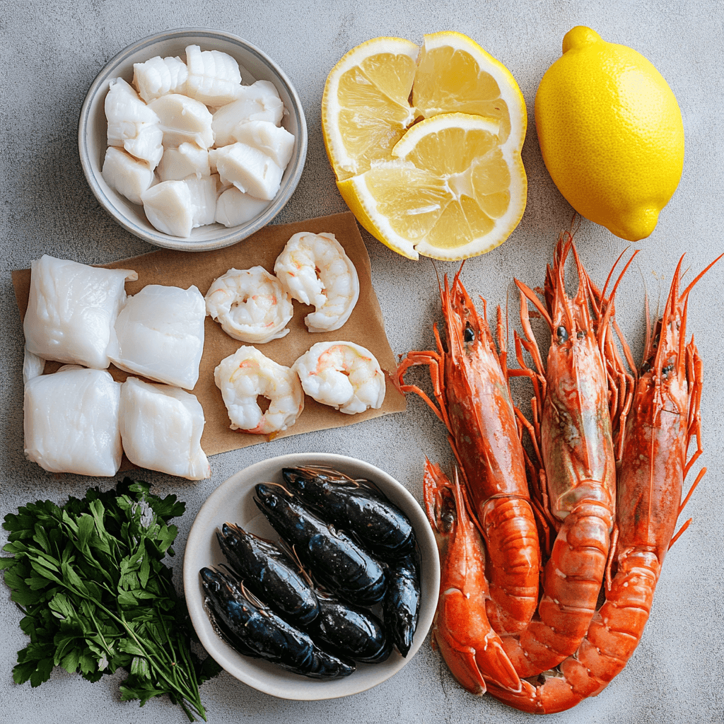 Fresh seafood ingredients being prepped for a seafood bake recipe.