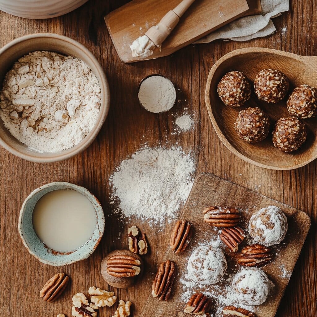 Hands shaping pecan pie balls on a parchment-lined tray.