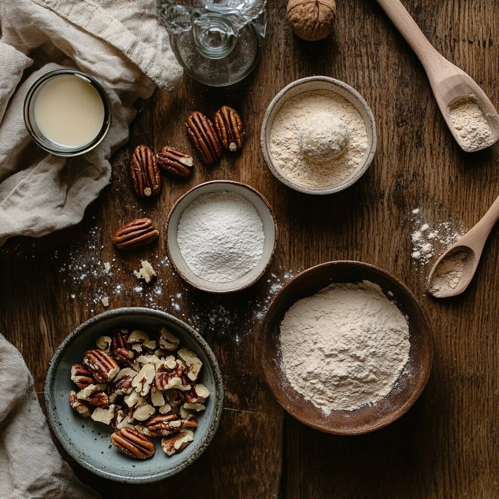 Ingredients for pecan pie balls arranged on a kitchen counter.