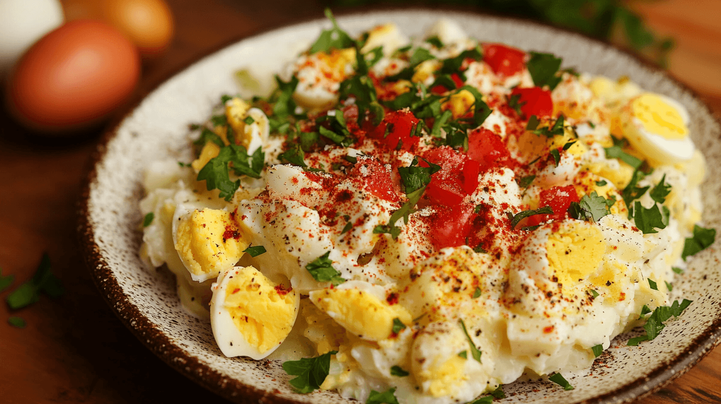 A bowl of classic potato and egg salad garnished with parsley.