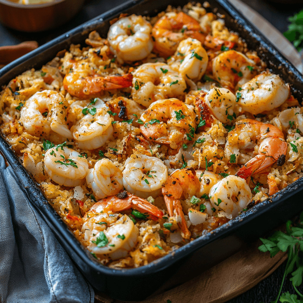 A serving of seafood bake on a plate garnished with fresh herbs.