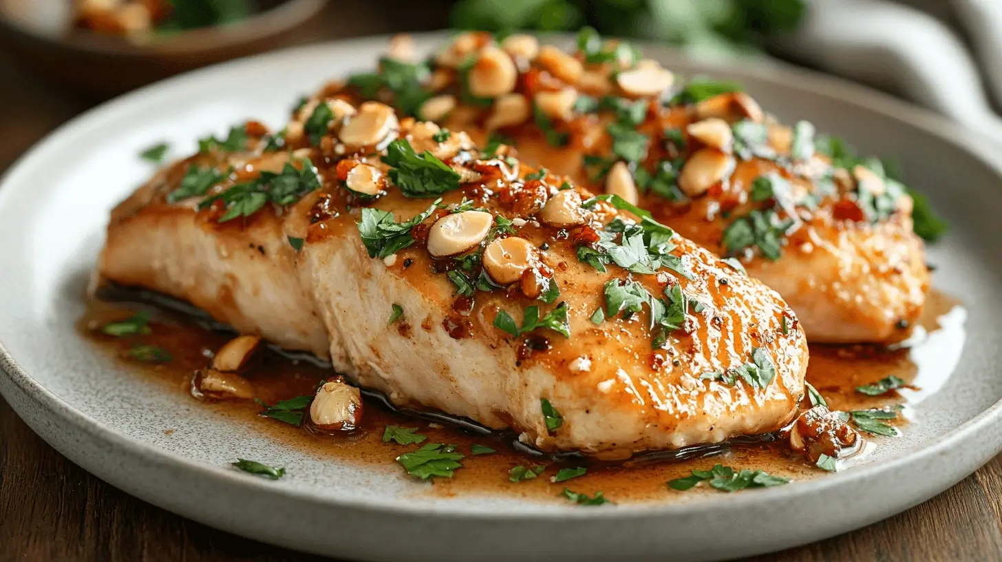 Glazed chicken fillets on a plate topped with almonds and fresh parsley in a rich sauce.