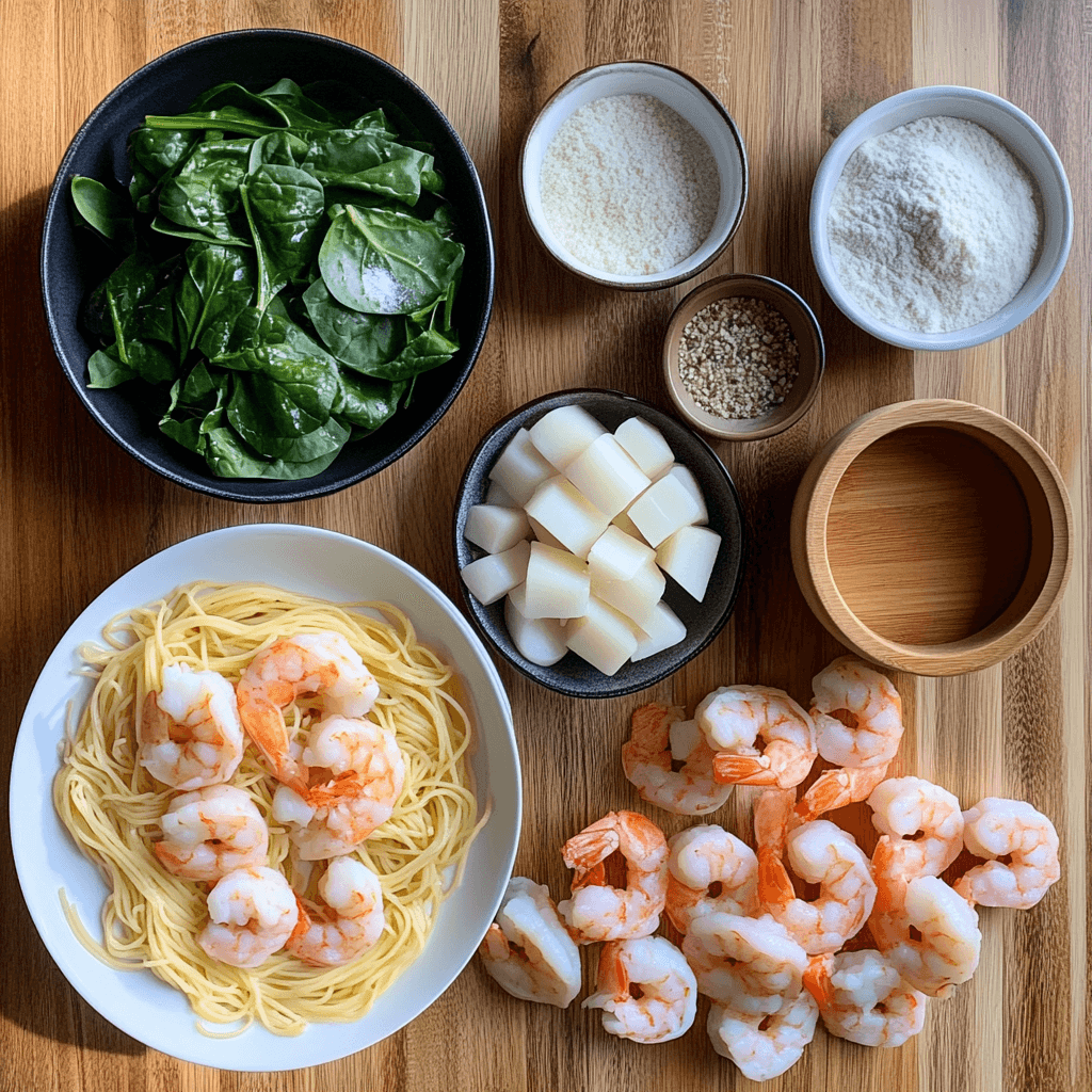 Shrimp being sautéed in a skillet with garlic and olive oil