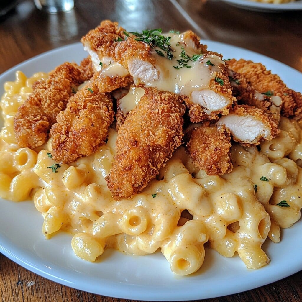 Sliced fried chicken on mac and cheese served with a side of roasted vegetables.