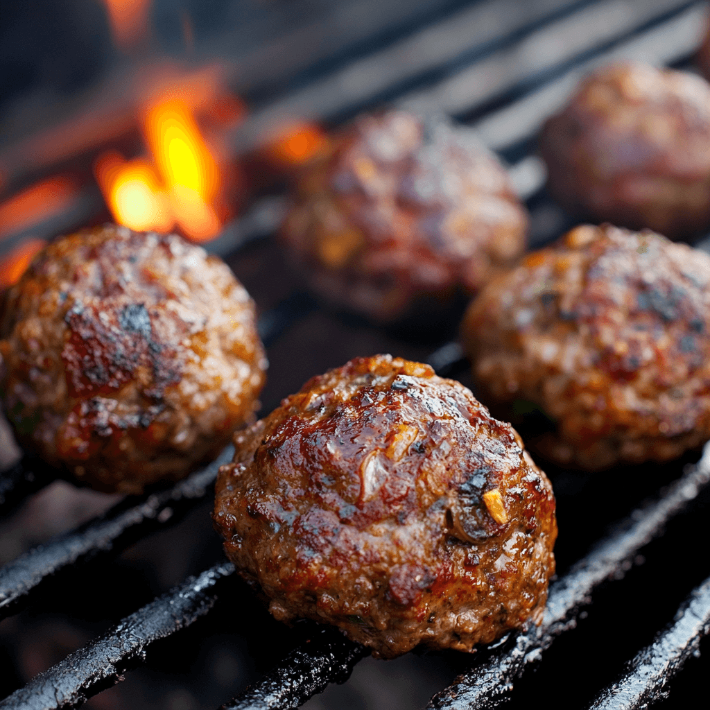 moked meatballs on a grill rack inside a smoker, with wood chips producing smoke.