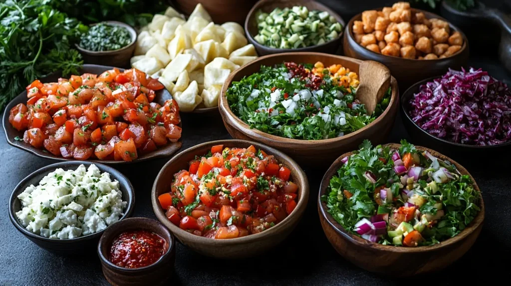 A colorful assortment of fresh chopped vegetables, herbs, and dips, perfect for assembling vibrant salads and flavorful dishes.