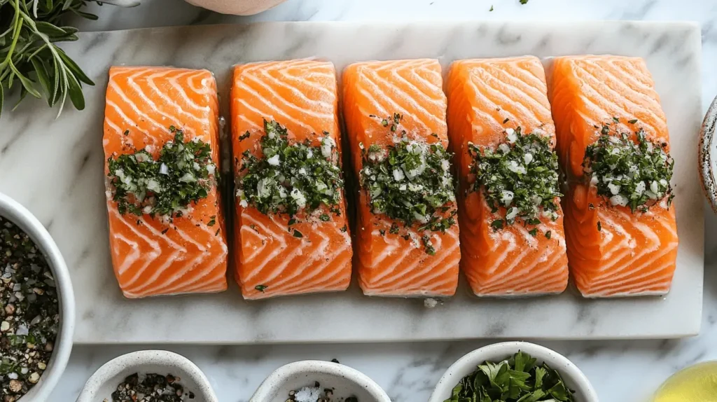 Fresh salmon fillets seasoned with a fragrant herb and garlic blend, ready for a flavorful and healthy meal.