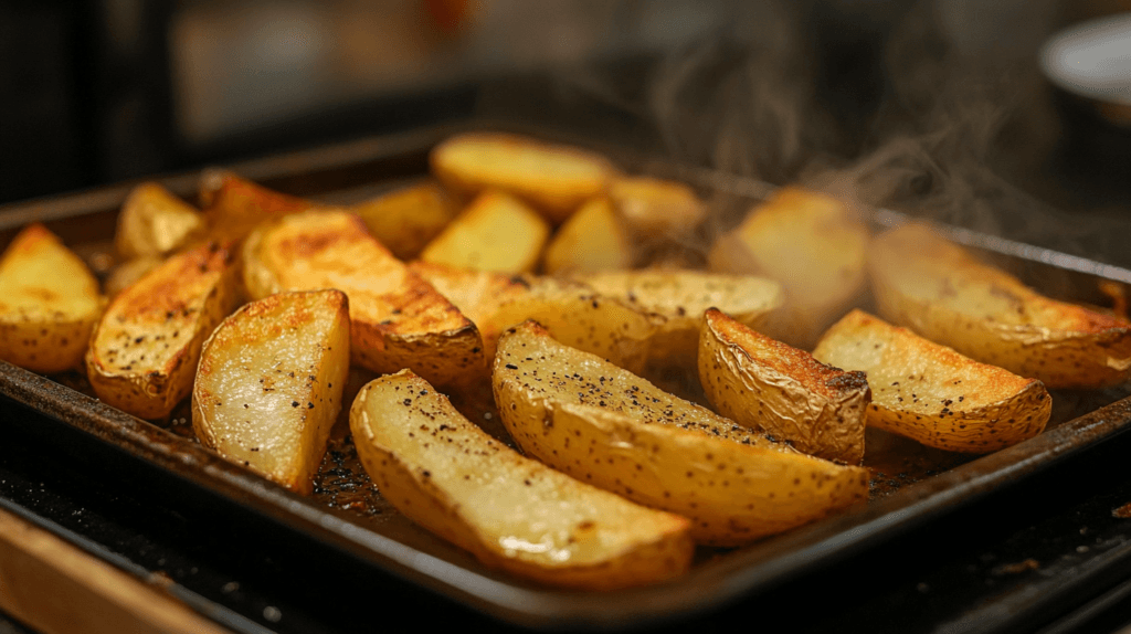 Crispy potato wedges fresh from the oven on a baking tray