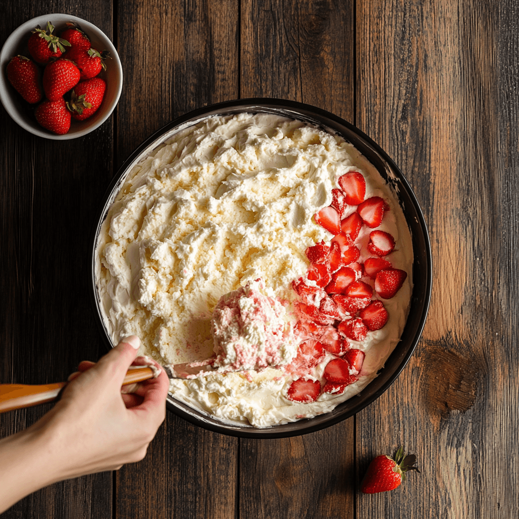 Layers of a dump cake being assembled in a pan.