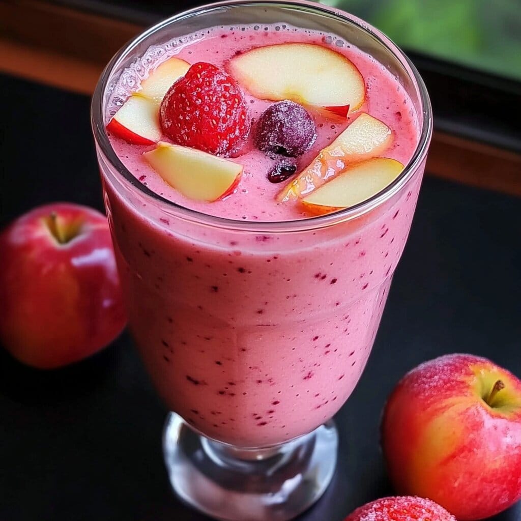 A beautifully presented Apple Berry Smoothie in a glass.
