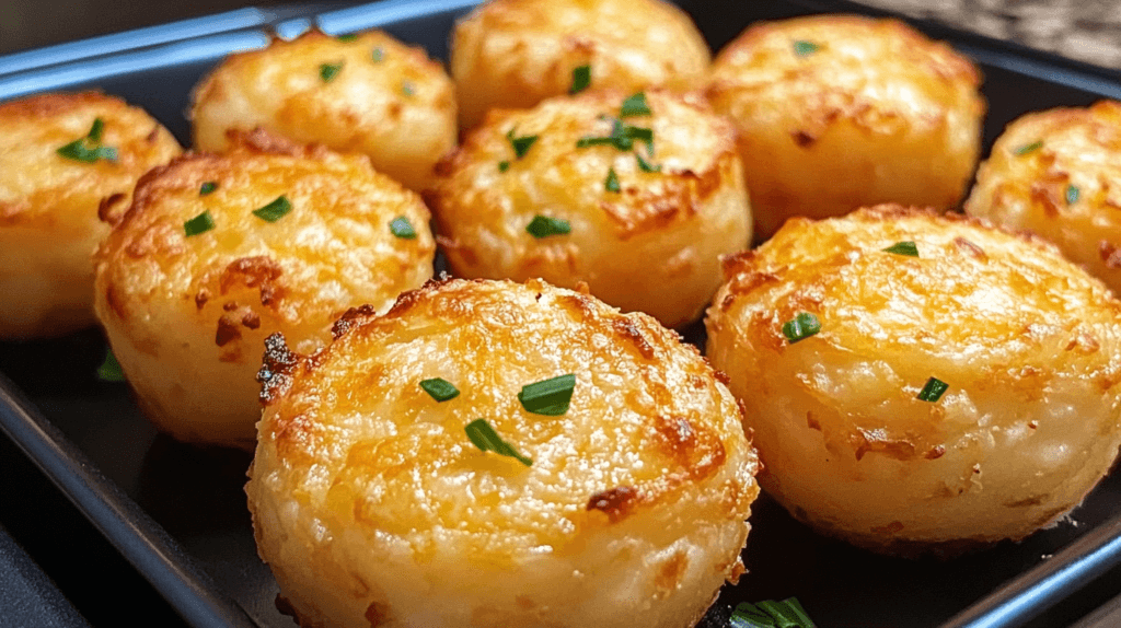 Cheesy Mashed Potato Puffs served with assorted dips on a platter.