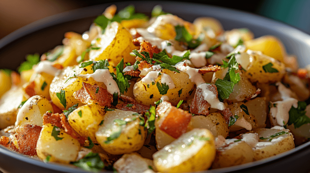 A complete meal featuring crispy potato salad as the star
