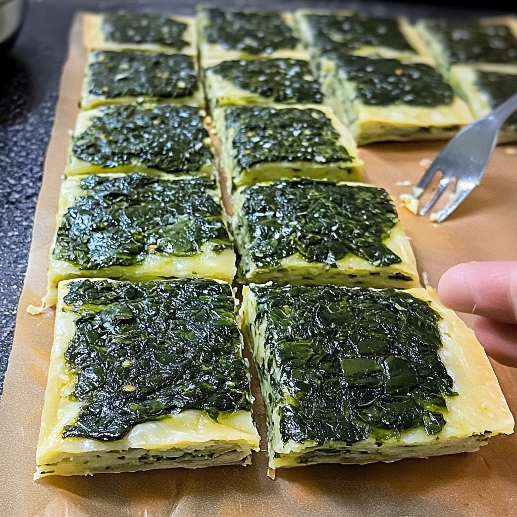 Sliced spinach pastry squares with puff pastry base.