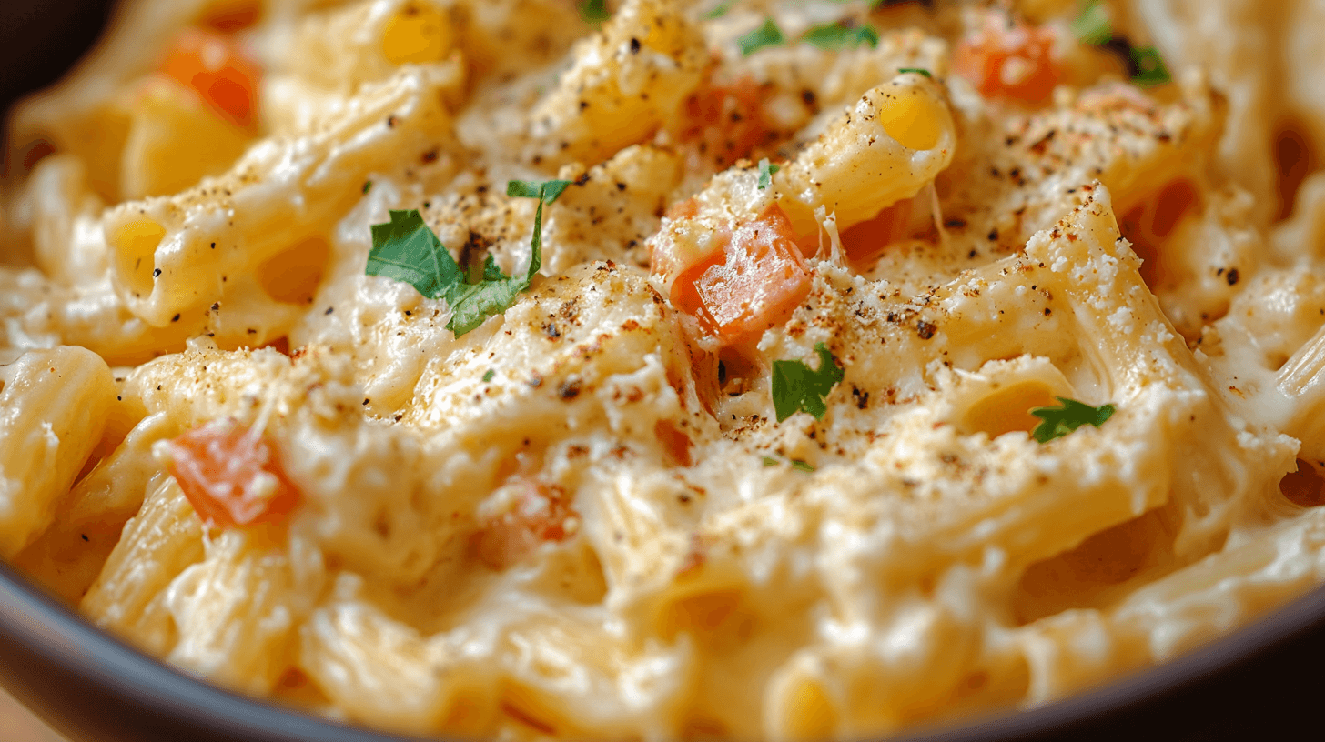 Creamy cottage cheese pasta served in a bowl with garnishes