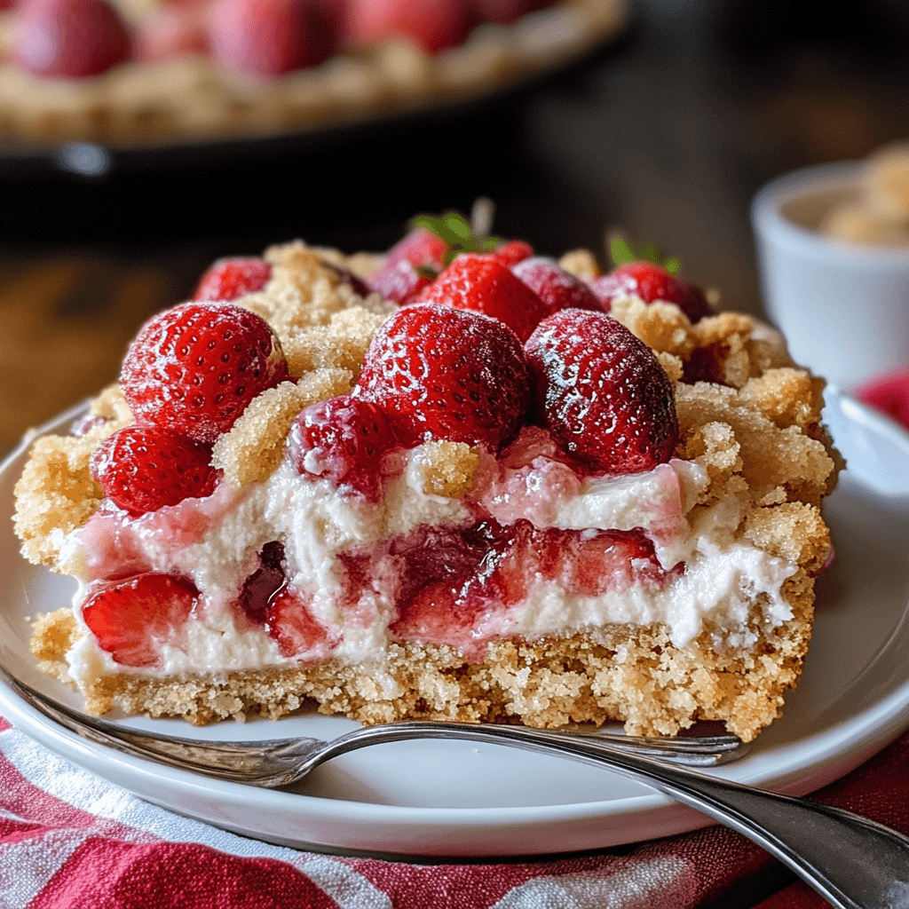A finished dump cake topped with fresh strawberries and whipped cream.