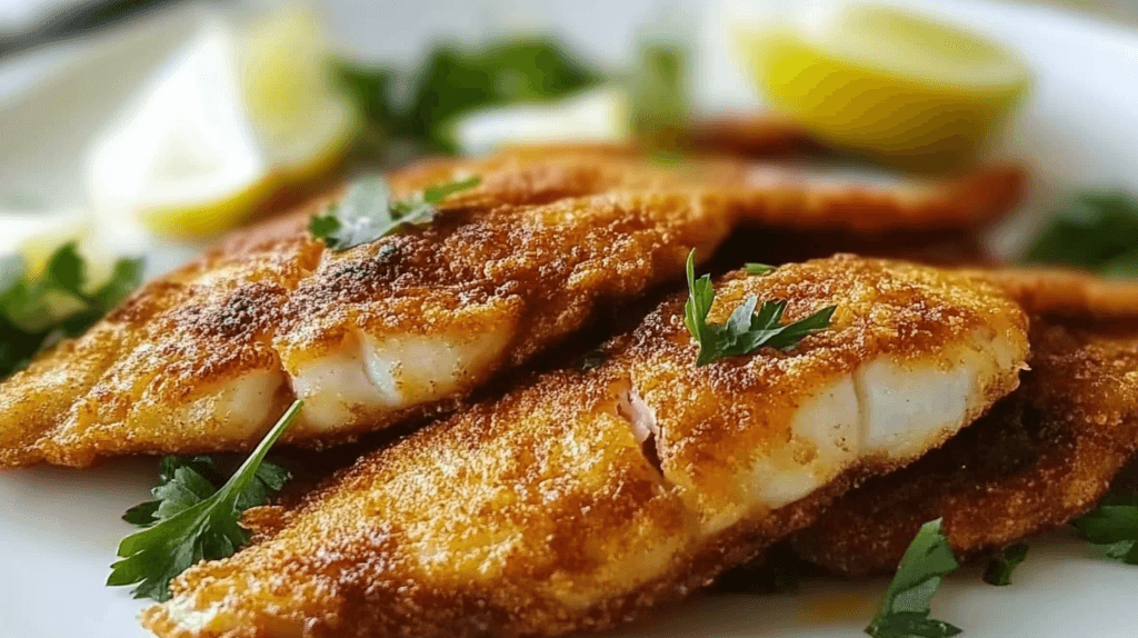 Crispy fried snapper served on a plate with lemon wedges.
