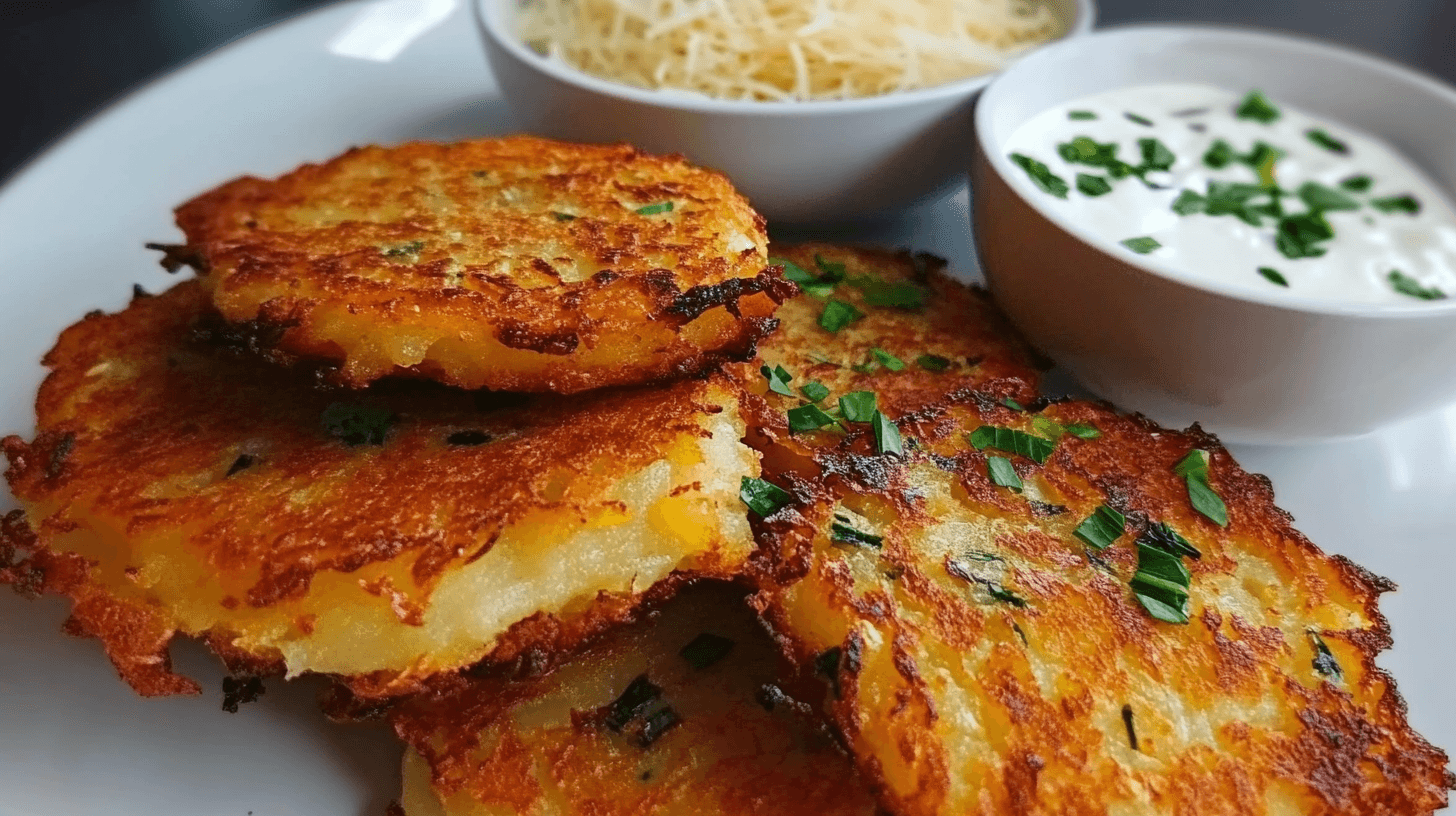 Crispy Parmesan Garlic Hash Browns served on a white plate.