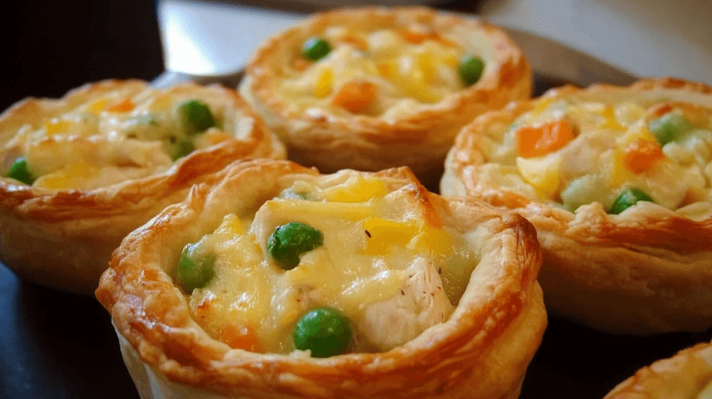 Mini chicken pot pie with a bite showing creamy filling.
