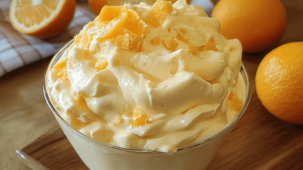A creamy orange dessert in a glass bowl with orange slices and mint garnish.