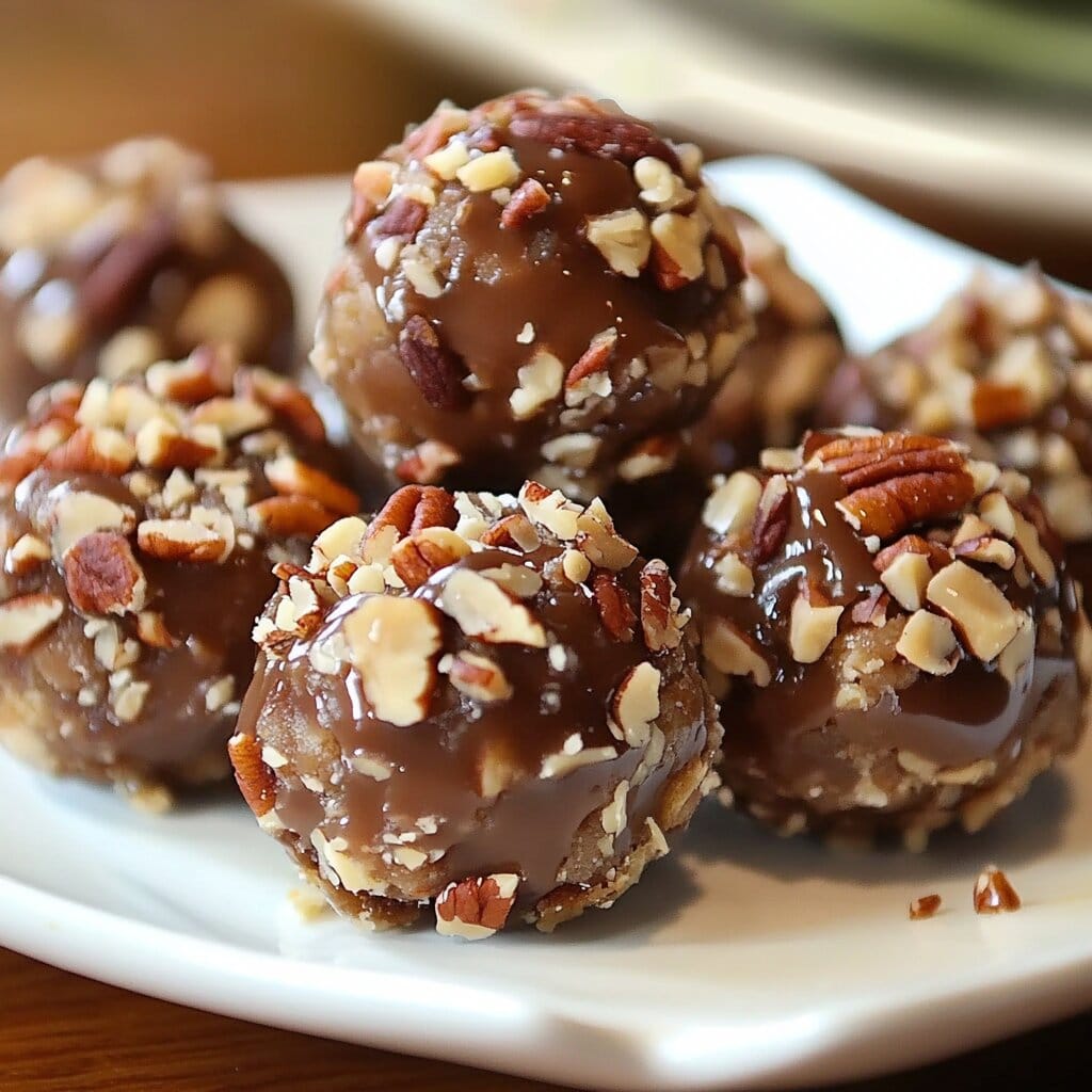 A plate of pecan pie balls decorated with chocolate drizzle.