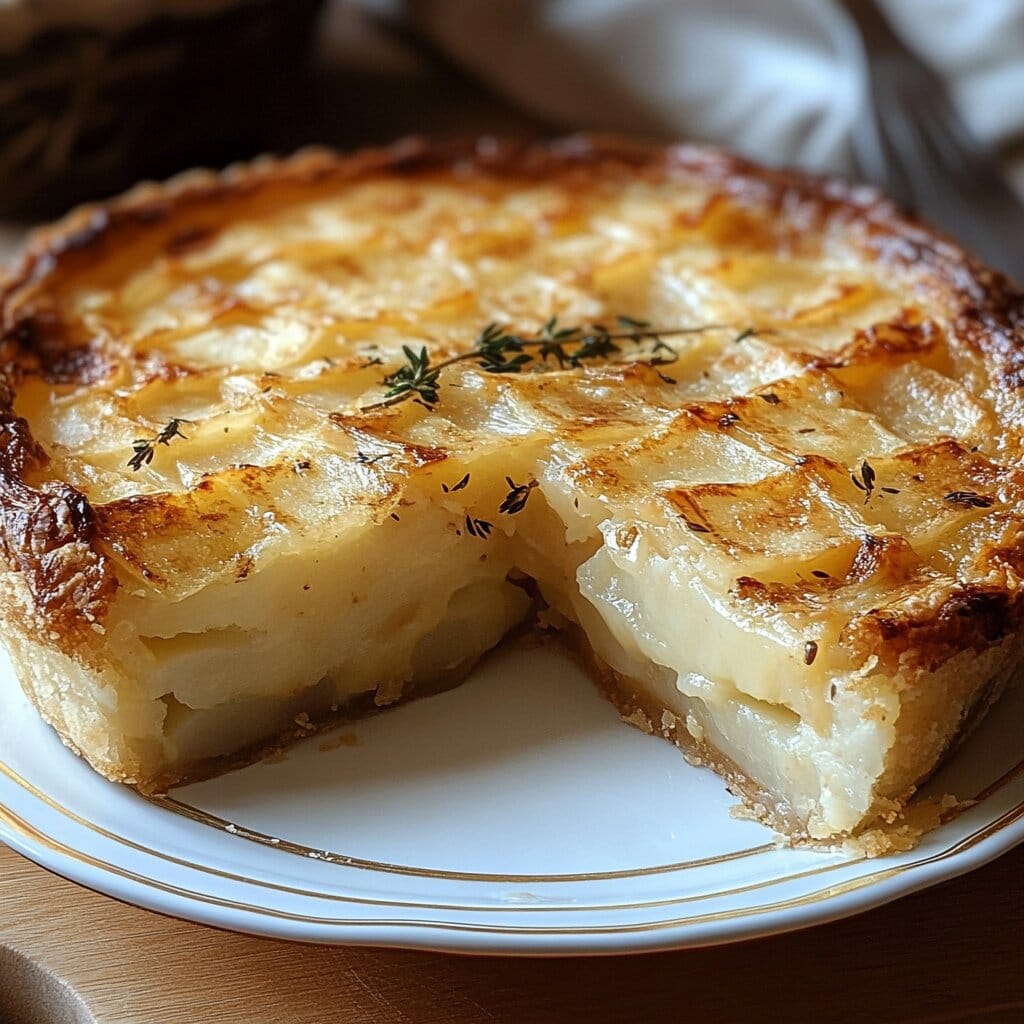 A golden Passover potato pie on a wooden table.