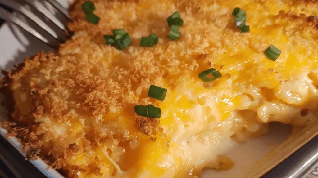 Cheesy hash brown casserole fresh from the oven.