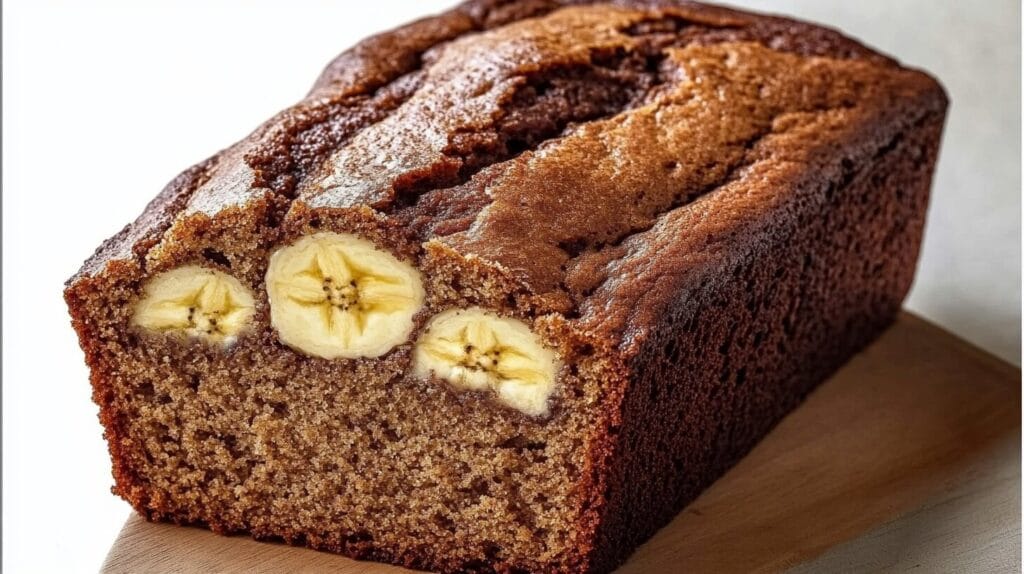 Golden-brown banana bread loaf served on a plate, with a slice cut to showcase its soft interior, accompanied by a steaming cup of coffee and a cozy kitchen background