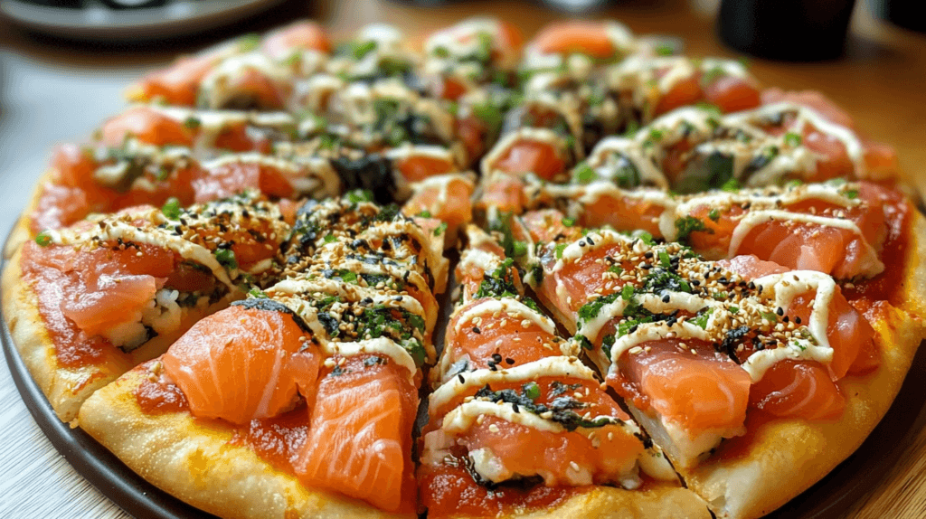 An artistic sushi pizza topped with mango slices, marinated tofu, sesame seeds, and edible flowers for a vegan twist.