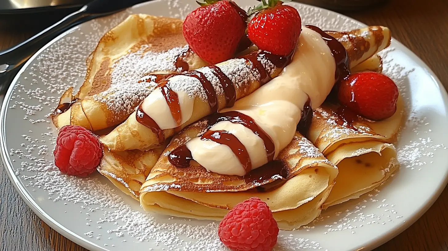 Delicious rolled crepes served with whipped cream, fresh strawberries, raspberries, chocolate drizzle, and powdered sugar on a white plate.
