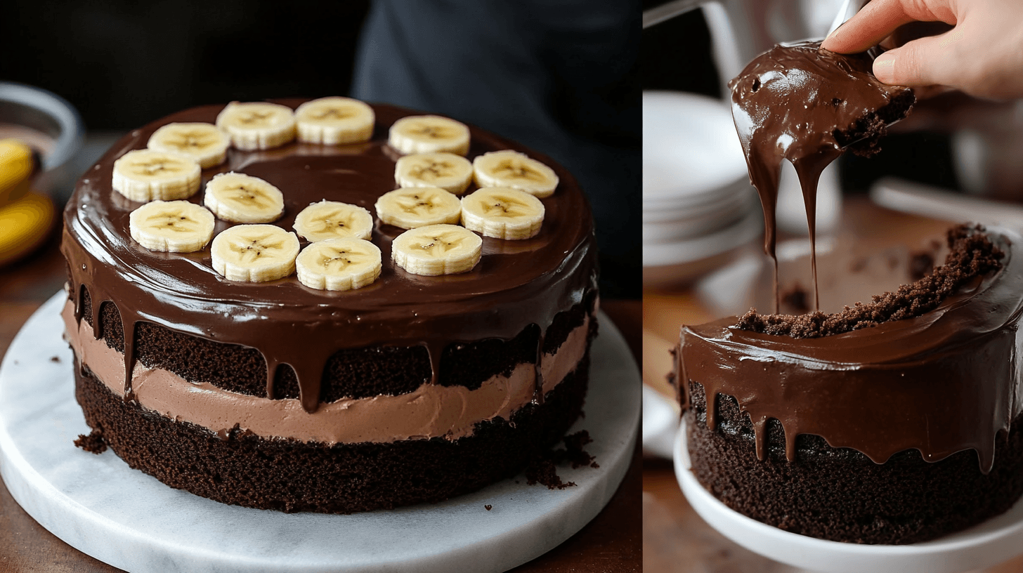 A rich chocolate banana cake with a glossy ganache topping, surrounded by fresh bananas and chocolate chunks on a rustic table