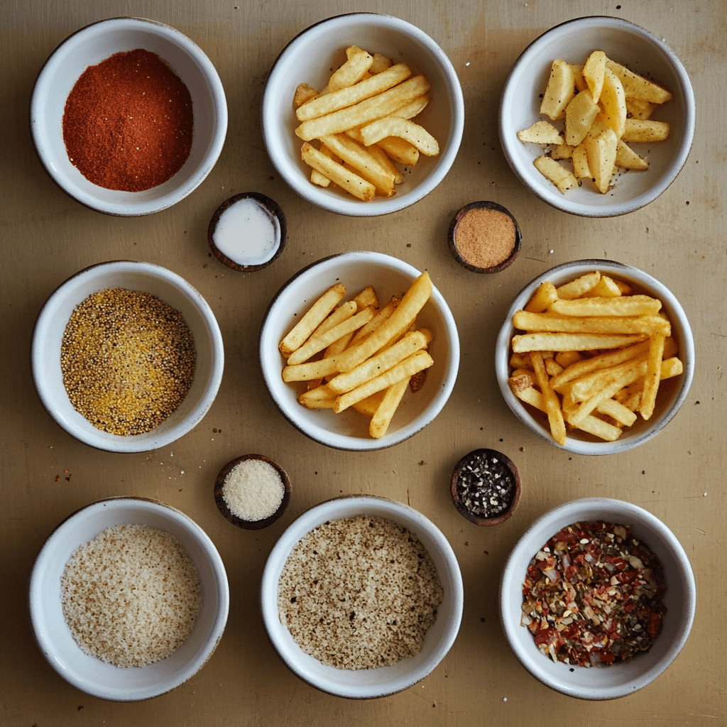 A flat lay of ingredients used in hot fries, including potatoes, chili powder, paprika, garlic powder, and onion powder